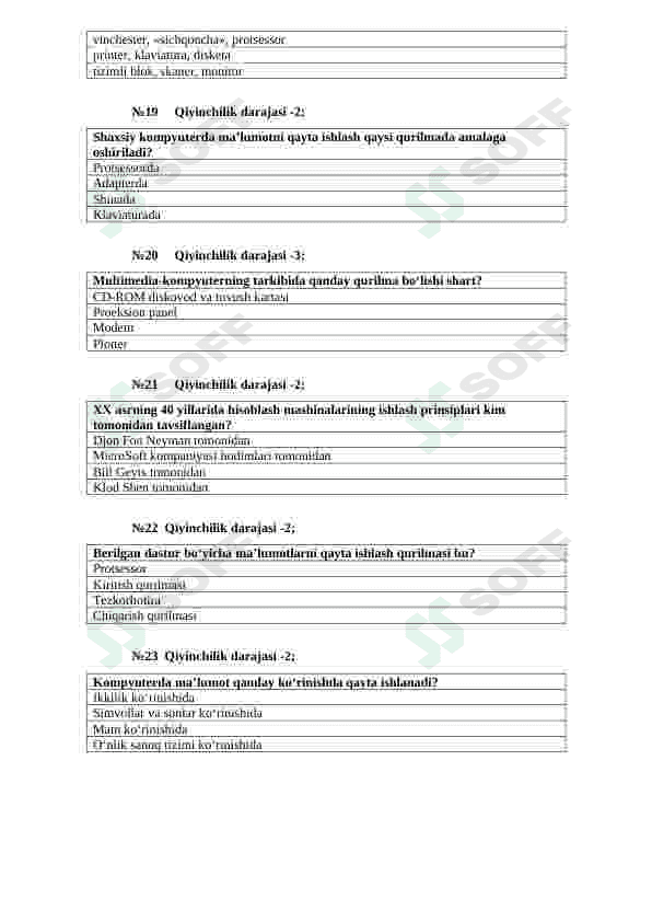 "Kompyuter arxitekturasi" fanidan testlar (uzbek tilida) 4