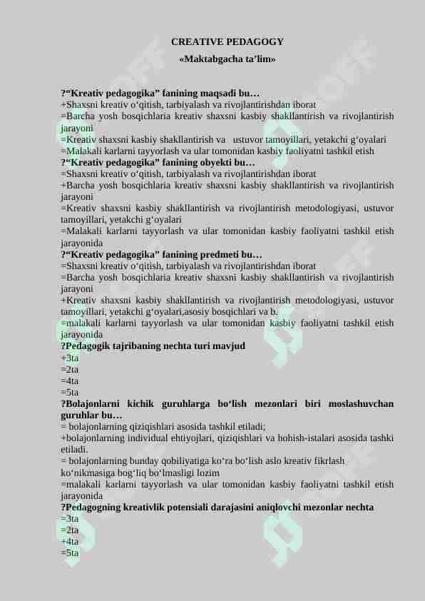 CREATIVE Pedagogika fanidan test savol-javoblari