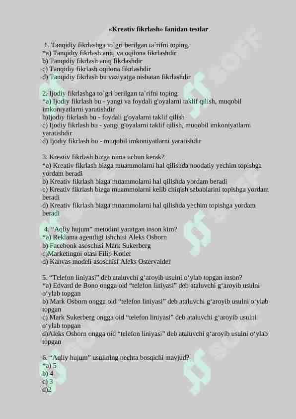Kreativ fikrlash fanidan 150 talik test, javoblari bilan