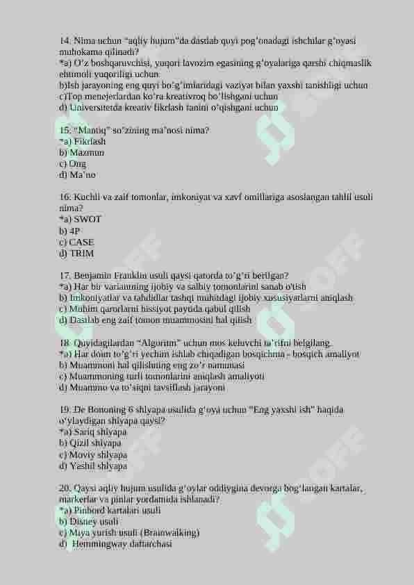 Kreativ fikrlash fanidan 150 talik test, javoblari bilan 3