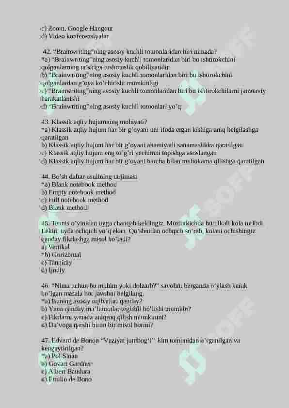 Kreativ fikrlash fanidan 150 talik test, javoblari bilan 7