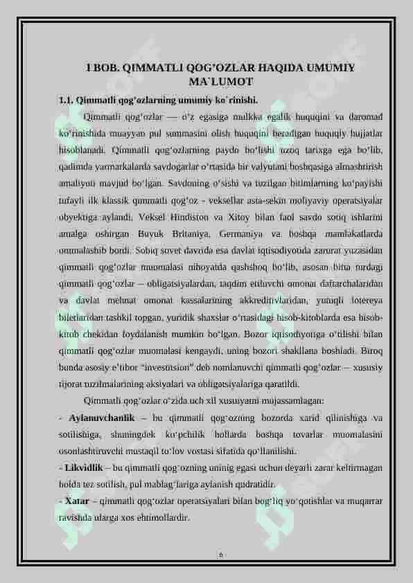 Qimmatli qog’oz turlari, uning bozori va ishtirokchilari 6