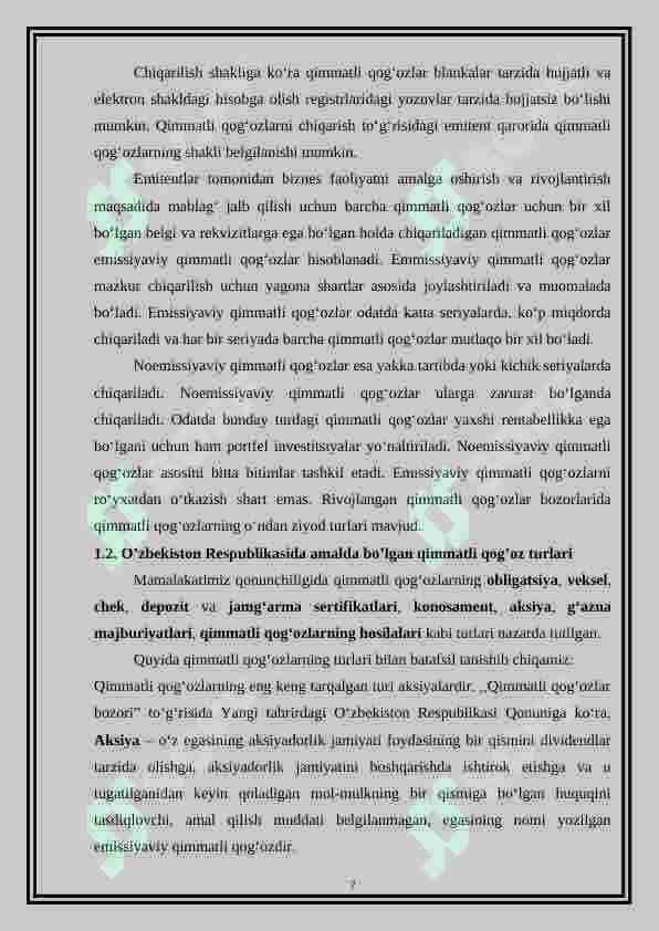 Qimmatli qog’oz turlari, uning bozori va ishtirokchilari 7