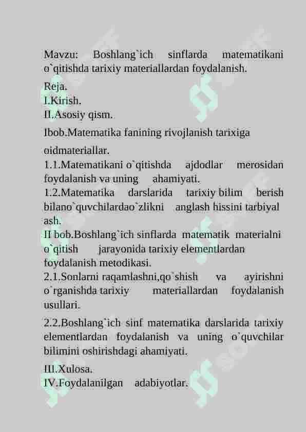 ”Boshlang`ich 	sinflarda matemtilani o'qitishda tarixiy elementlarini o`rgatish metodikasi.” 2