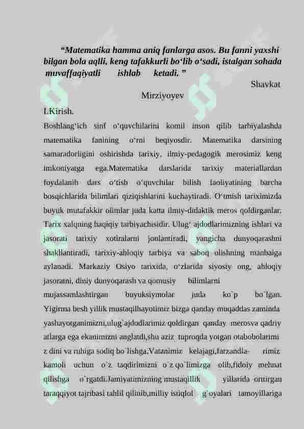 ”Boshlang`ich 	sinflarda matemtilani o'qitishda tarixiy elementlarini o`rgatish metodikasi.” 3