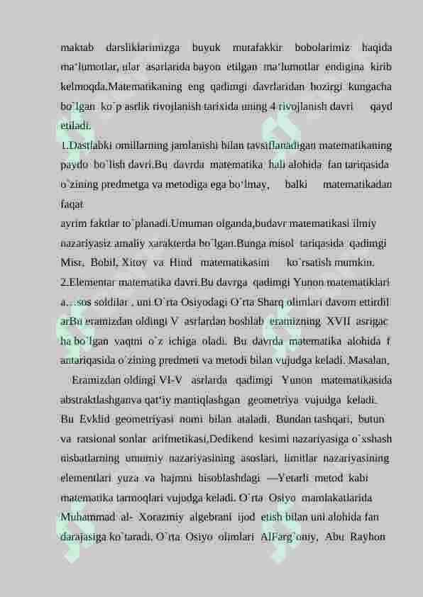 ”Boshlang`ich 	sinflarda matemtilani o'qitishda tarixiy elementlarini o`rgatish metodikasi.” 6