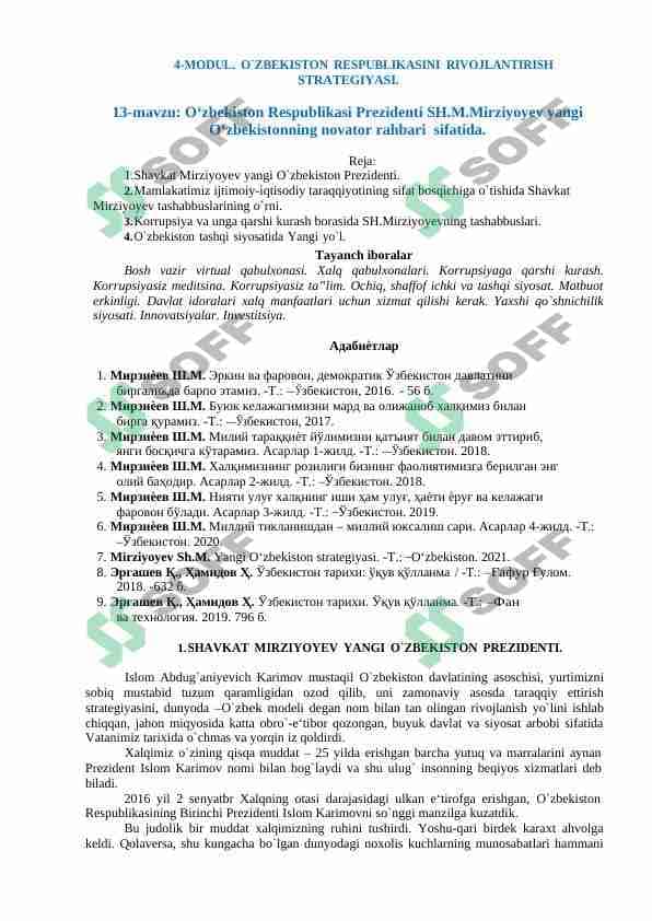 O‘zbekiston Respublikasi Prezidenti SH.M.Mirziyoyev yangi O‘zbekistonning novator rahbari  sifatida.