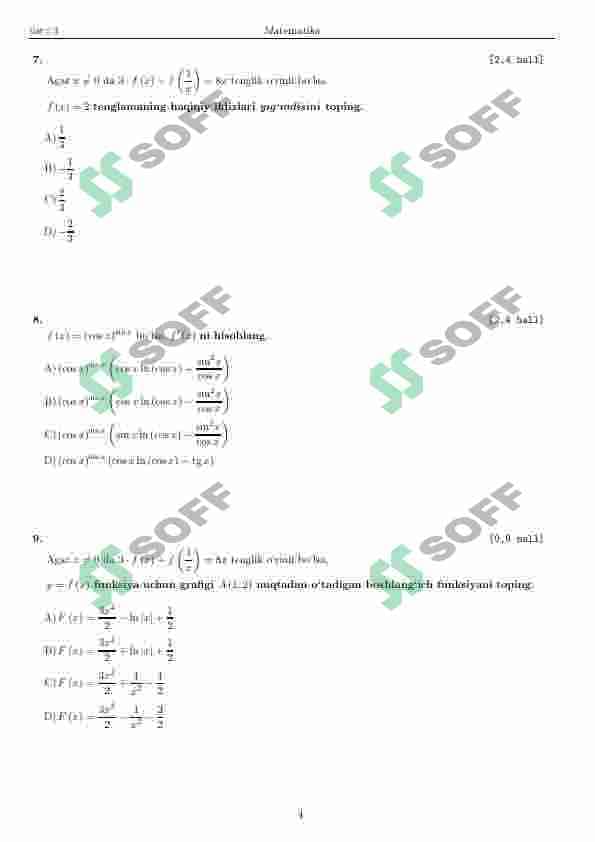 DTM MATEMATIKA TUSHGAN TESTLAR 4
