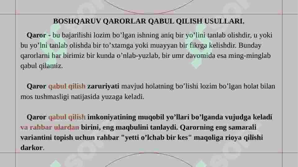 MENEJMENTDA QAROR QABUL QILISH VA  QARORLARNI ISHLAB CHIQISH 2