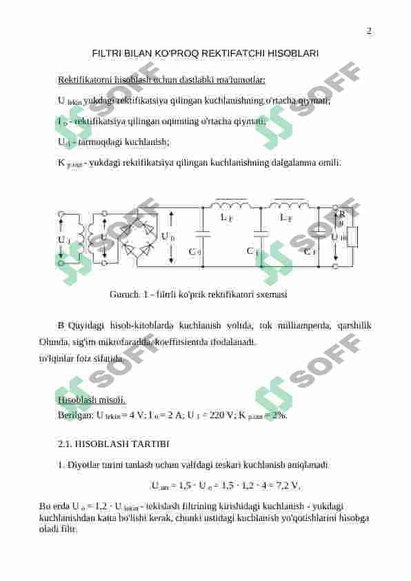 METODOLIK KO'RSATMALAR  Filtrli ko'prik rektifikatorini hisoblash kurs loyihasini amalga oshirish  intizom bo'yicha  Elektrelektronika 2