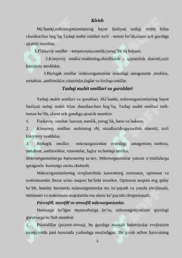 Mikroorganizmlarga tashqi muhit omillarining  ta’siri. Mikroorganizmlarning o’zaro va boshqa organizmlar bilan aloqasi. Biosfera va mikroorganizmlar ekologiyasi 2