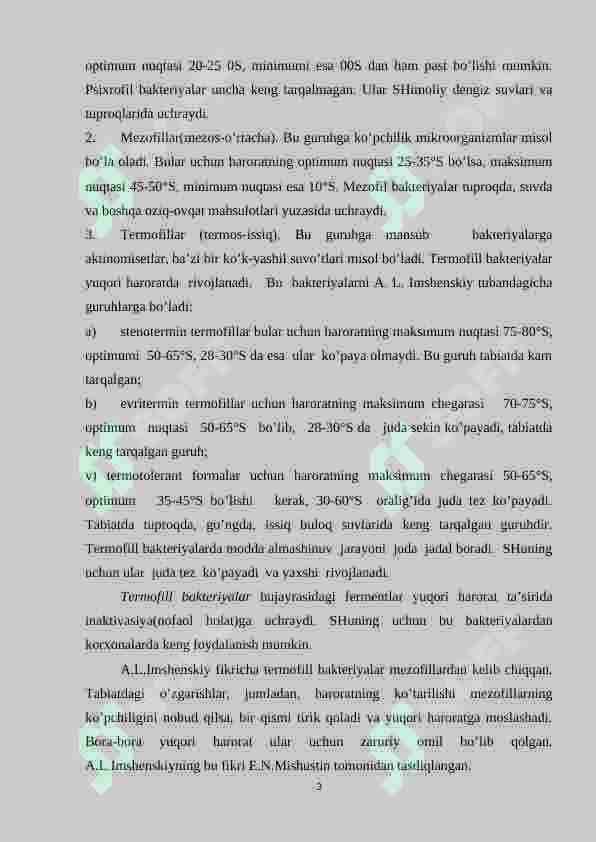 Mikroorganizmlarga tashqi muhit omillarining  ta’siri. Mikroorganizmlarning o’zaro va boshqa organizmlar bilan aloqasi. Biosfera va mikroorganizmlar ekologiyasi 3