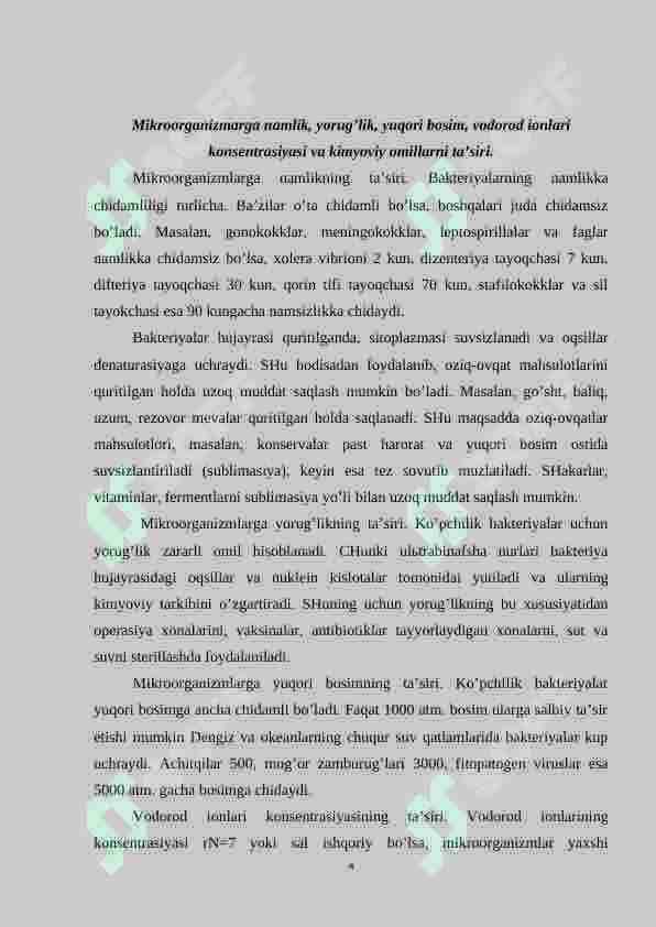 Mikroorganizmlarga tashqi muhit omillarining  ta’siri. Mikroorganizmlarning o’zaro va boshqa organizmlar bilan aloqasi. Biosfera va mikroorganizmlar ekologiyasi 4