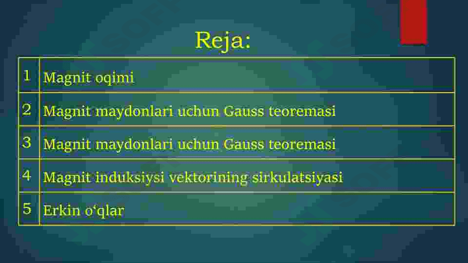 Magnit oqimi. Magnit maydonlari uchun Gauss teoremasi. Magnit induksiysi vektorining sirkulatsiyasi. Erkin o‘qlar 2