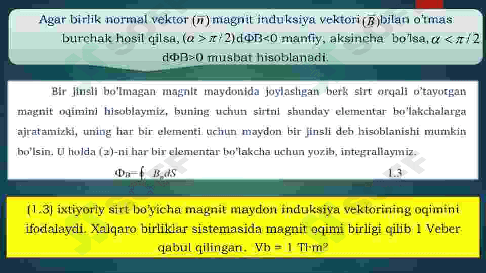 Magnit oqimi. Magnit maydonlari uchun Gauss teoremasi. Magnit induksiysi vektorining sirkulatsiyasi. Erkin o‘qlar 8