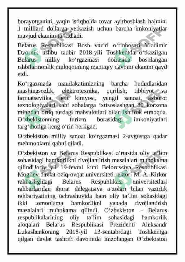 O’zbekiston va Belorus Respublikalari o’rtasidagi aloqalar 7