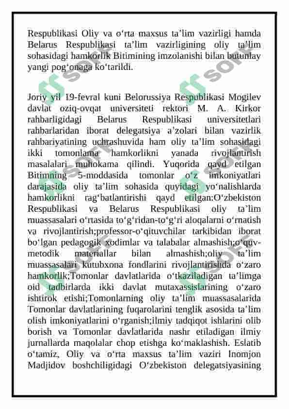 O’zbekiston va Belorus Respublikalari o’rtasidagi aloqalar 8