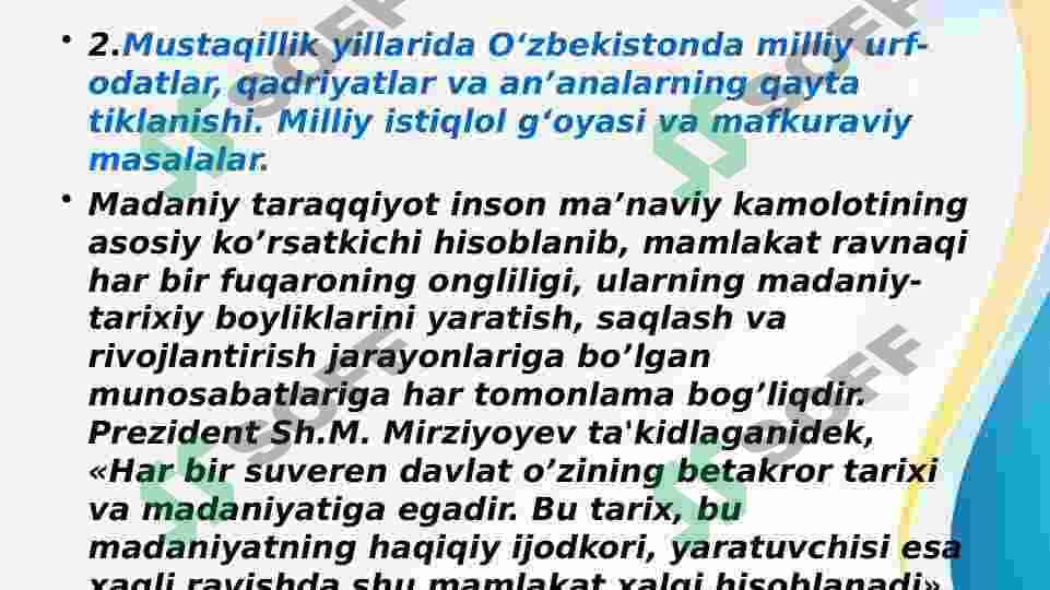 MUSTAQILLIK YILLARIDA O‘ZBEKISTONNING MA’NAVIY VA MADANIY TARAQQIYOTI 8