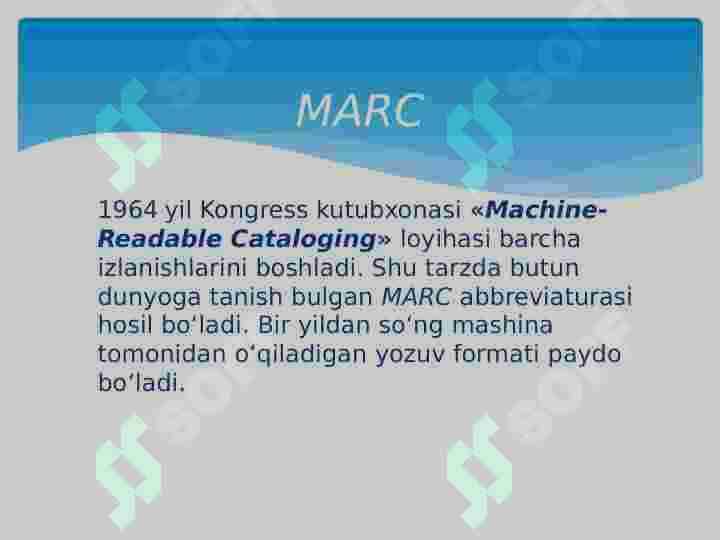 Kutubxonalarda MARK  formatlarining yaratilishi tarixi. MARK 21 yangi asr formati 4