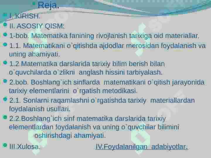 Boshlang’ich sinflarda matematikani õqitishda tarixiy elementlarini o‘rgatish metodikasi 2