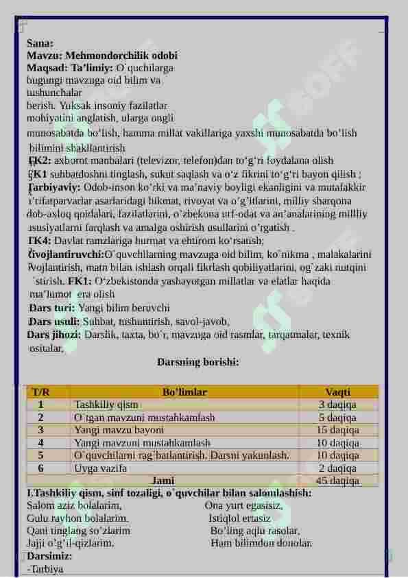 1-Sinflar uchun Tarbiya fanidan "Mehmondorchilik odobi" mavzusida dars ishlanma 2
