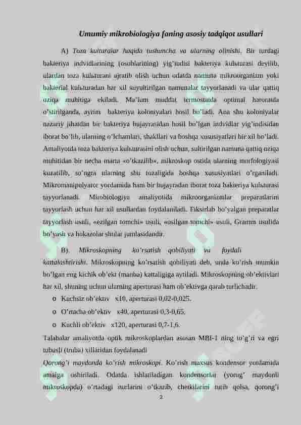 Mikrobiologiya tadqiqotlarining asosiy usullari. Mikroorganizlarning morfologik tuzilishi 2