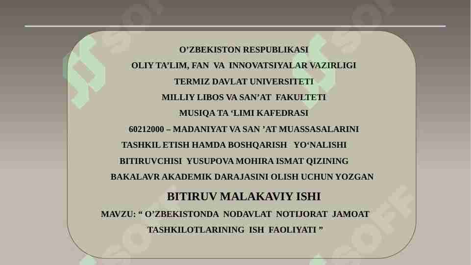 O’ZBEKISTONDA NODAVLAT NOTIJORAT JAMOAT TASHKILOTLARINING ISH FAOLIYATI