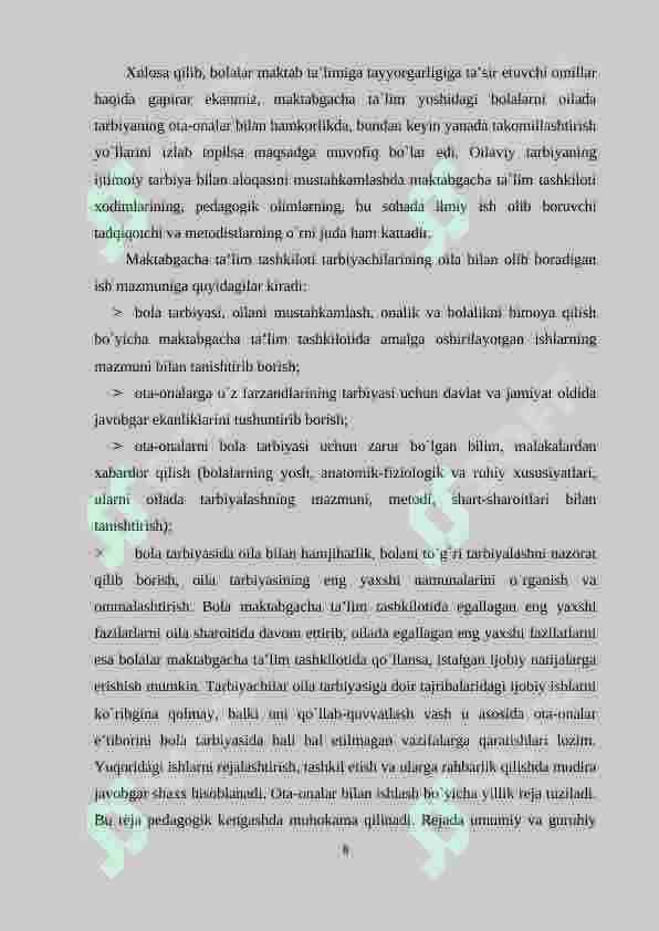 MAKTABGACHA TA’LIM MUASSASASI, OILA VA MAKTAB HAMKORLIGI 8