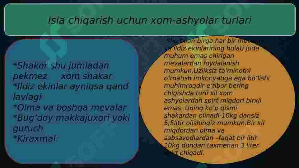Spirt ishlab chiqarish uchun ishlatiladigan xom-ashyolar va uning kilassifikatsiyasi. 3
