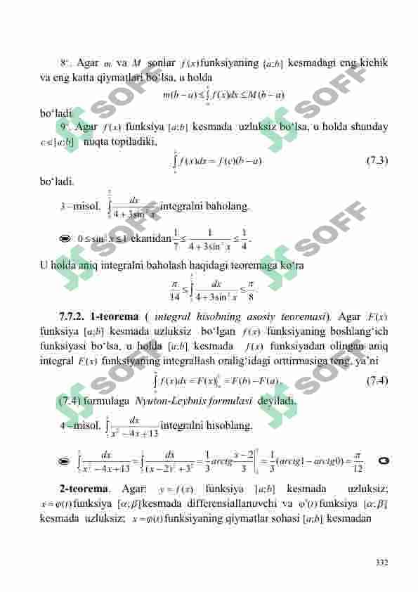 Aniq integralning ta’rifi, geometrik ma’nosi va xossalari. Aniq integralni hisoblash 4