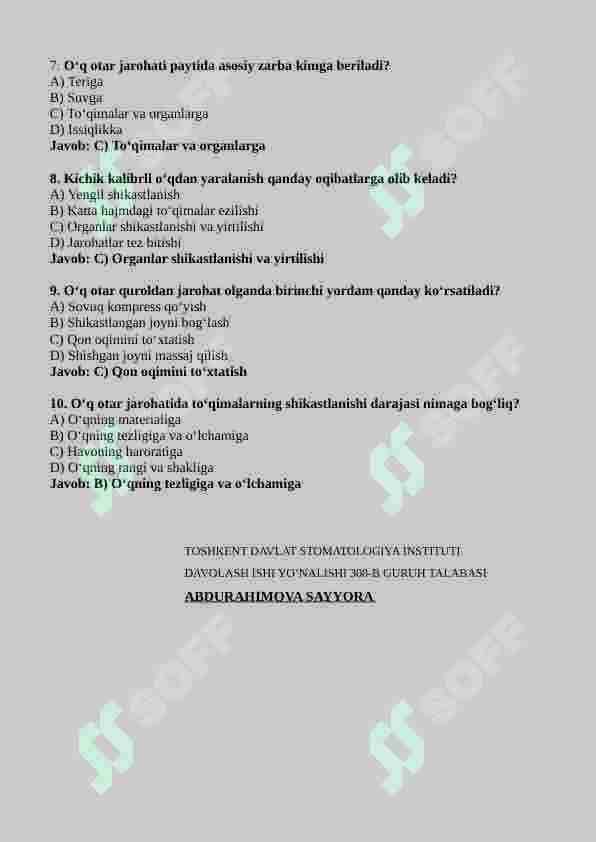 O‘q otar quroldan jarohatlanish mexanizmI  MAVZUSIDA TEST SAVOLLARI: 2