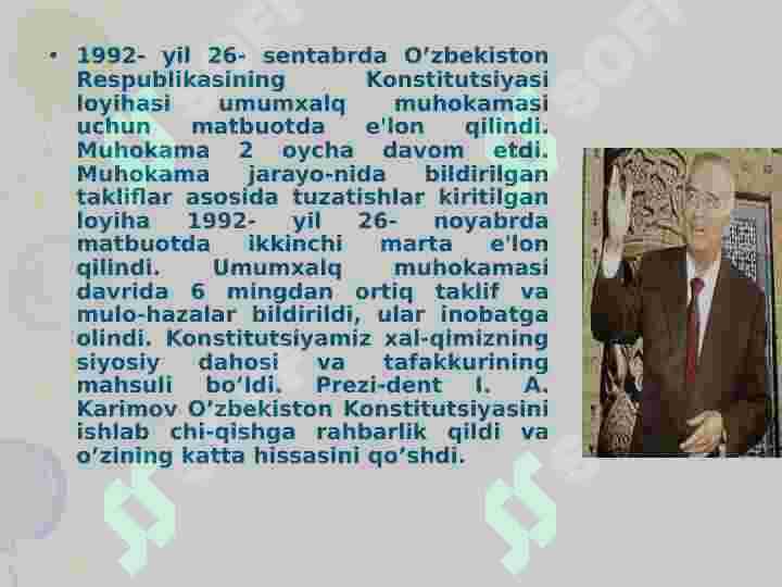 O’zbekiston Respublikasi Konstitutsiyasi qabul qilinishi va uning tarixiy ahamiyati 7