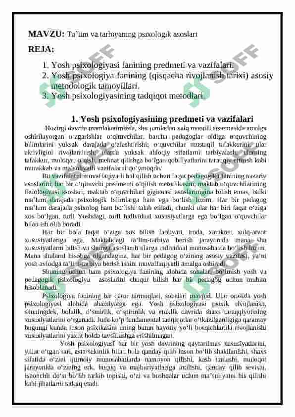 YOSH VA PEDAGOGIK PSIXOLOGIYA FANINING TADQIQOT SOHASI VA MUAMMOLARI (referat) 2