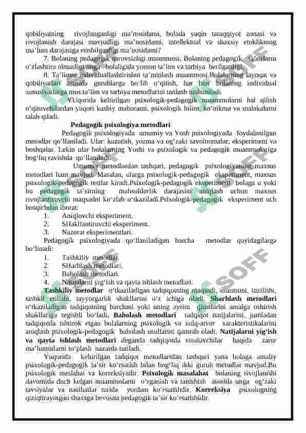 YOSH VA PEDAGOGIK PSIXOLOGIYA FANINING TADQIQOT SOHASI VA MUAMMOLARI (referat) 7