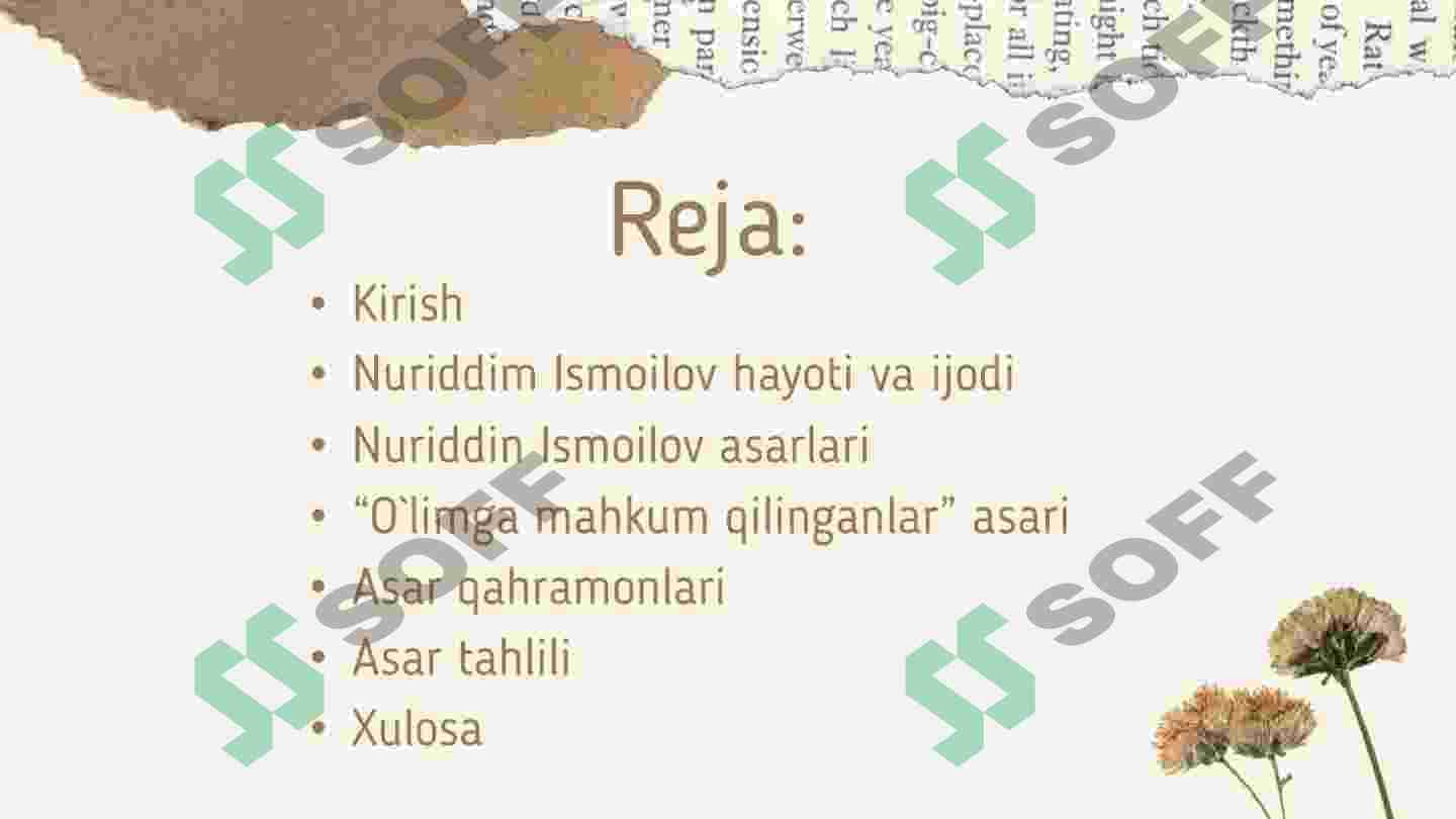 Nuriddin Ismoilov “O`limga mahkum qilinganlar” asari tahlili. 2