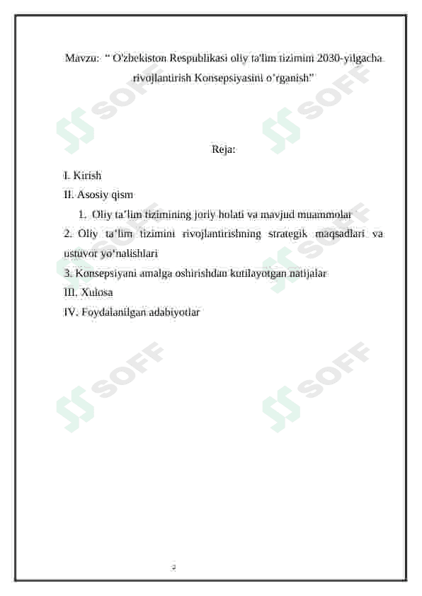 O'zbekiston Respublikasi oliy ta'lim tizimini 2030-yilgacha rivojlantirish Konsepsiyasini o’rganish 2