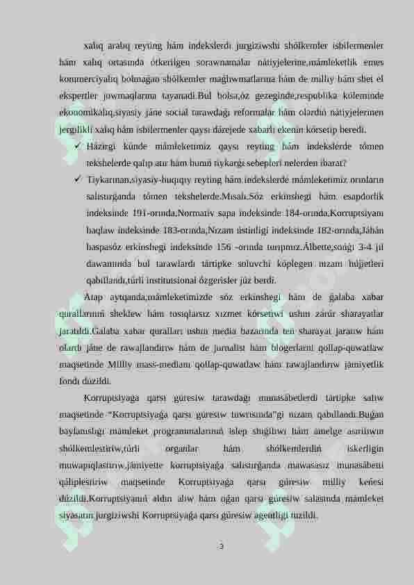 Siyasiy huqıqıy tarawdaǵı xalıq aralıq reytingler hám olarda Ózbekstannıń integraciyası 3