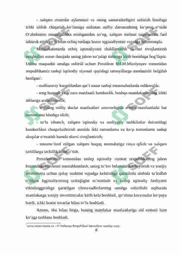 O‘ZBEKISTONNING DUNYONING RIVOJLANGAN DAVLATLARI BILAN IQTISODIY HAMKORLIGI. 8