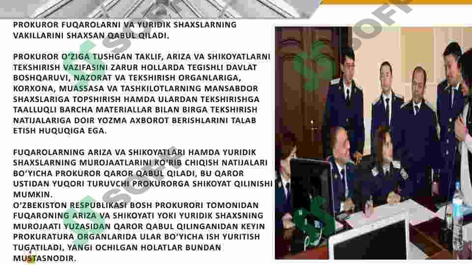Prokuratura organlari haqida: tizimi , boshqaruv tartibi , mansabdor shaxslari va boshqa ma'lumotlar. prezentatsiya , slayd 4