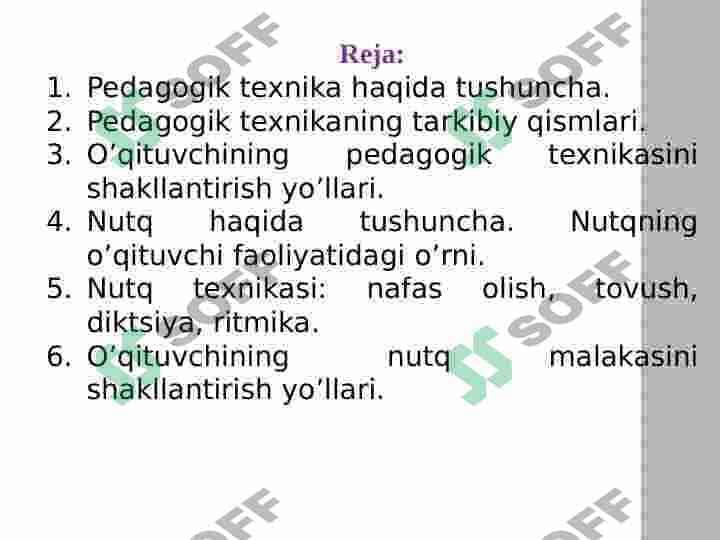 Pedagogik texnika haqida tushuncha. Pedagogik texnikani shakllantirish metodikasi. Nutq texnikasi va madaniyati 2