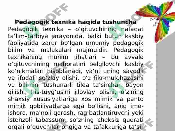Pedagogik texnika haqida tushuncha. Pedagogik texnikani shakllantirish metodikasi. Nutq texnikasi va madaniyati 4