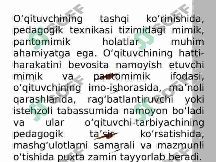 Pedagogik texnika haqida tushuncha. Pedagogik texnikani shakllantirish metodikasi. Nutq texnikasi va madaniyati 7