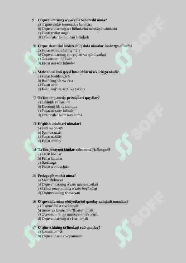 Pedagogika. Mutaxasislikga kirish test 100 talik test (javoblari bilan) 2