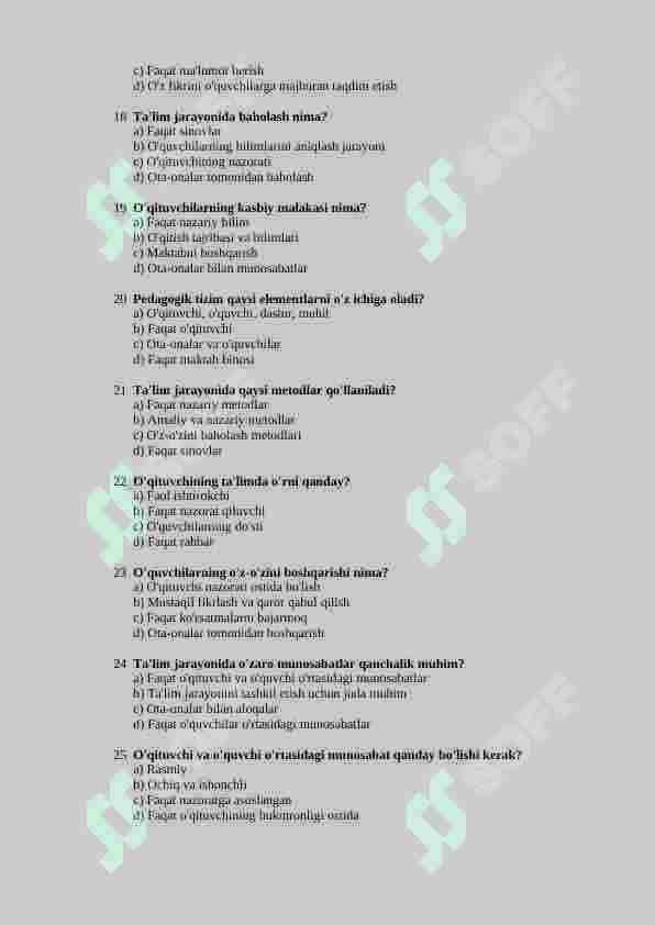 Pedagogika. Mutaxasislikga kirish test 100 talik test (javoblari bilan) 3