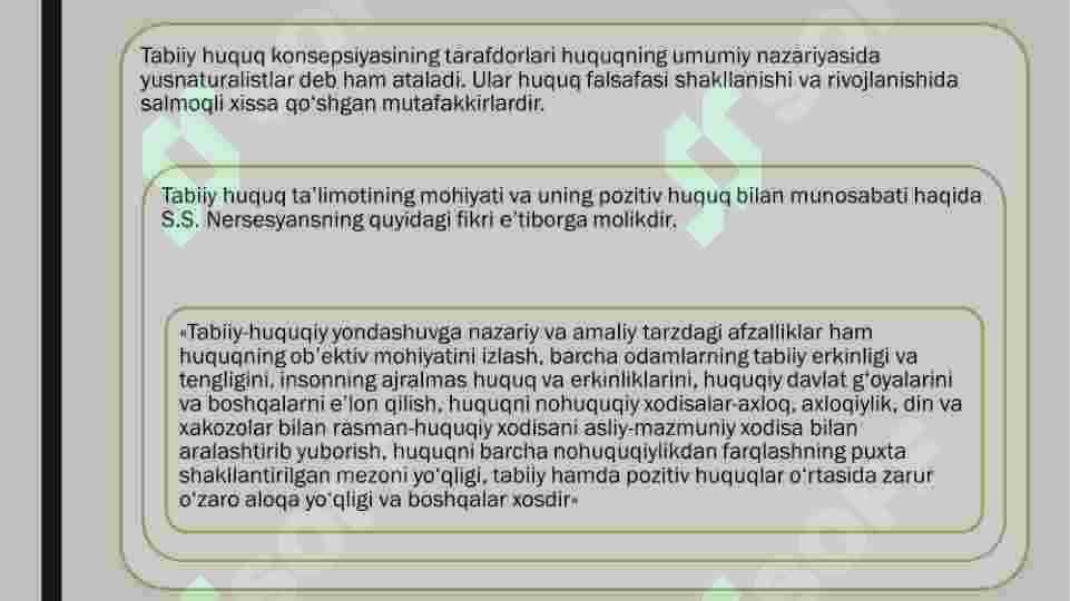 Tabiiy va pozitiv huquqlar. Huquqiy fanlarning asosiy yo‘nalishlarining falsafiy jihatlari. 4