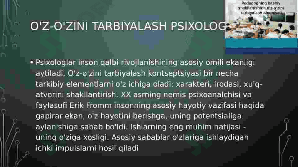 O’qituvchini o’z-o’zini tarbiyalash tushunchasi va uning shaxsini shakllantirishdagi roli. 6