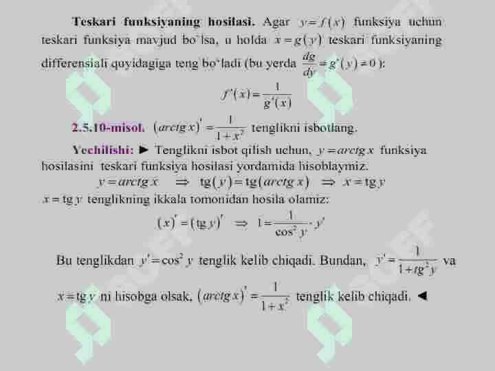 Yuqori tartibli hosila. Oshkormas va parametrik funksiyalar hosilasini hisoblash. Murakkab va teskari funksiya hosilasi. 2