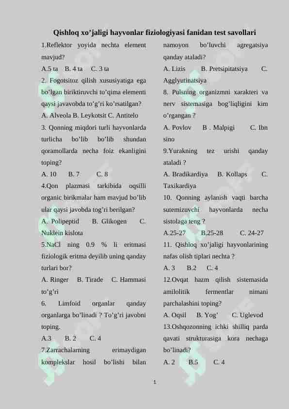 Qishloq xo’jaligi hayvonlar fiziologiyasi fanidan test savollari