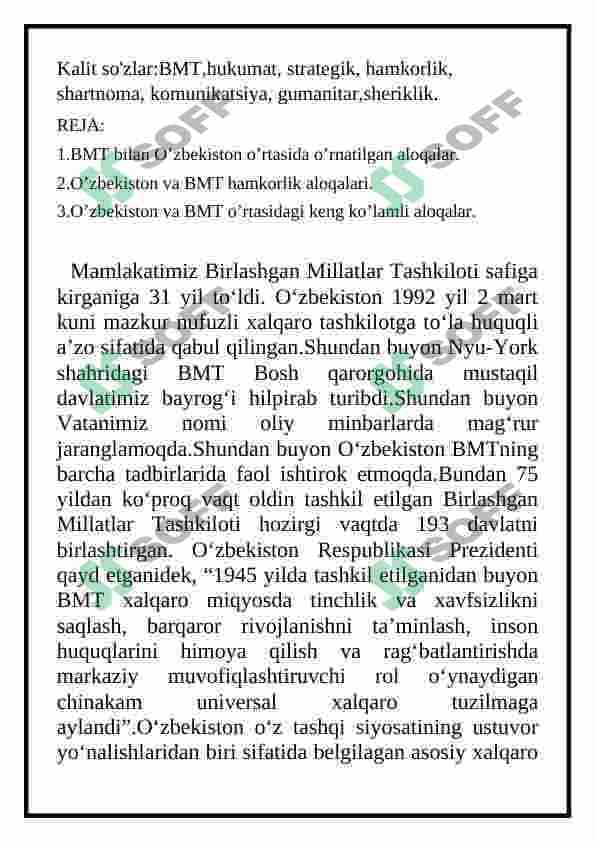 O’zbekiston va BMT aloqalari haqida 2