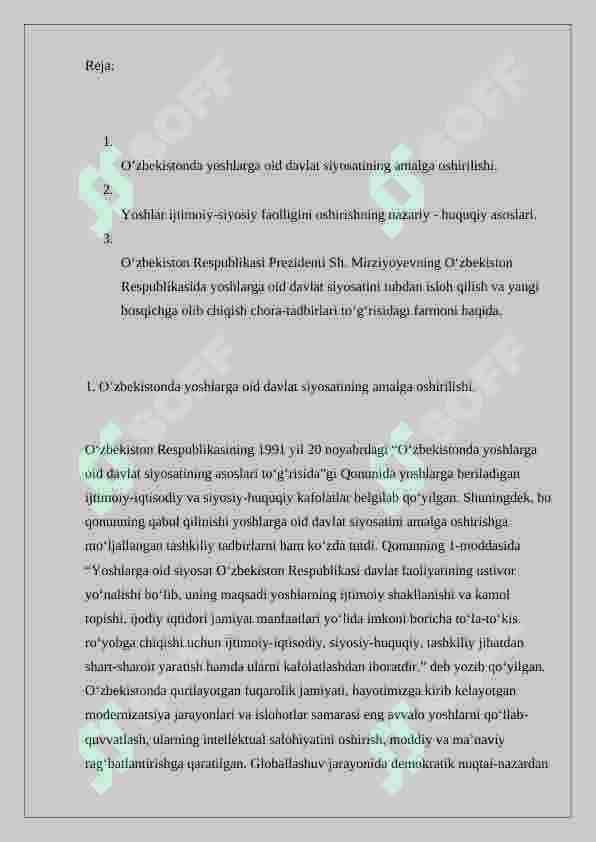 O’zbekistonda yoshlarga oid davlat siyosatining amalga oshirilishi. 2